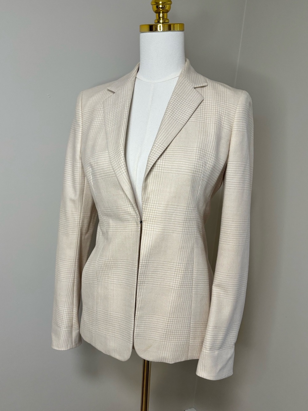 Akris Cream Beige Glen Plaid 100% Wool Tailored Blazer 6